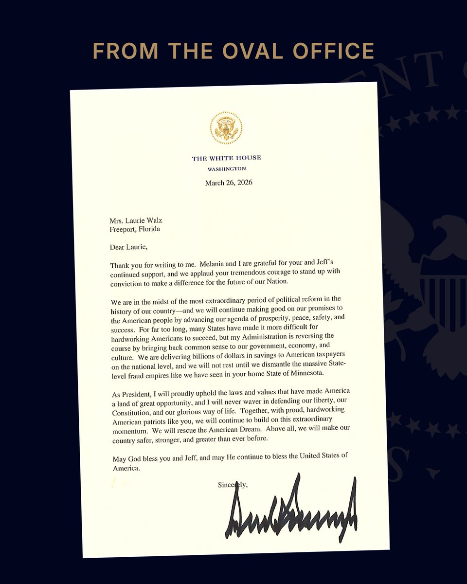 特朗普总统回复沃尔兹家人感谢信