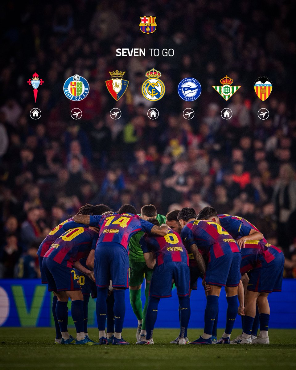 巴萨“前方挑战”海报：球员围拢宣告“SEVEN TO GO”