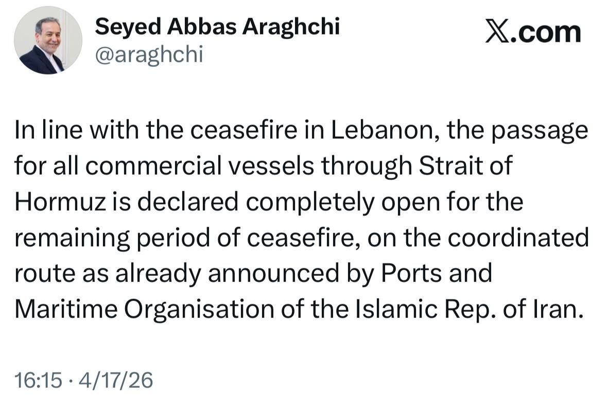 特朗普宣布伊朗开放霍尔木兹海峡 白宫称世界伟大一日