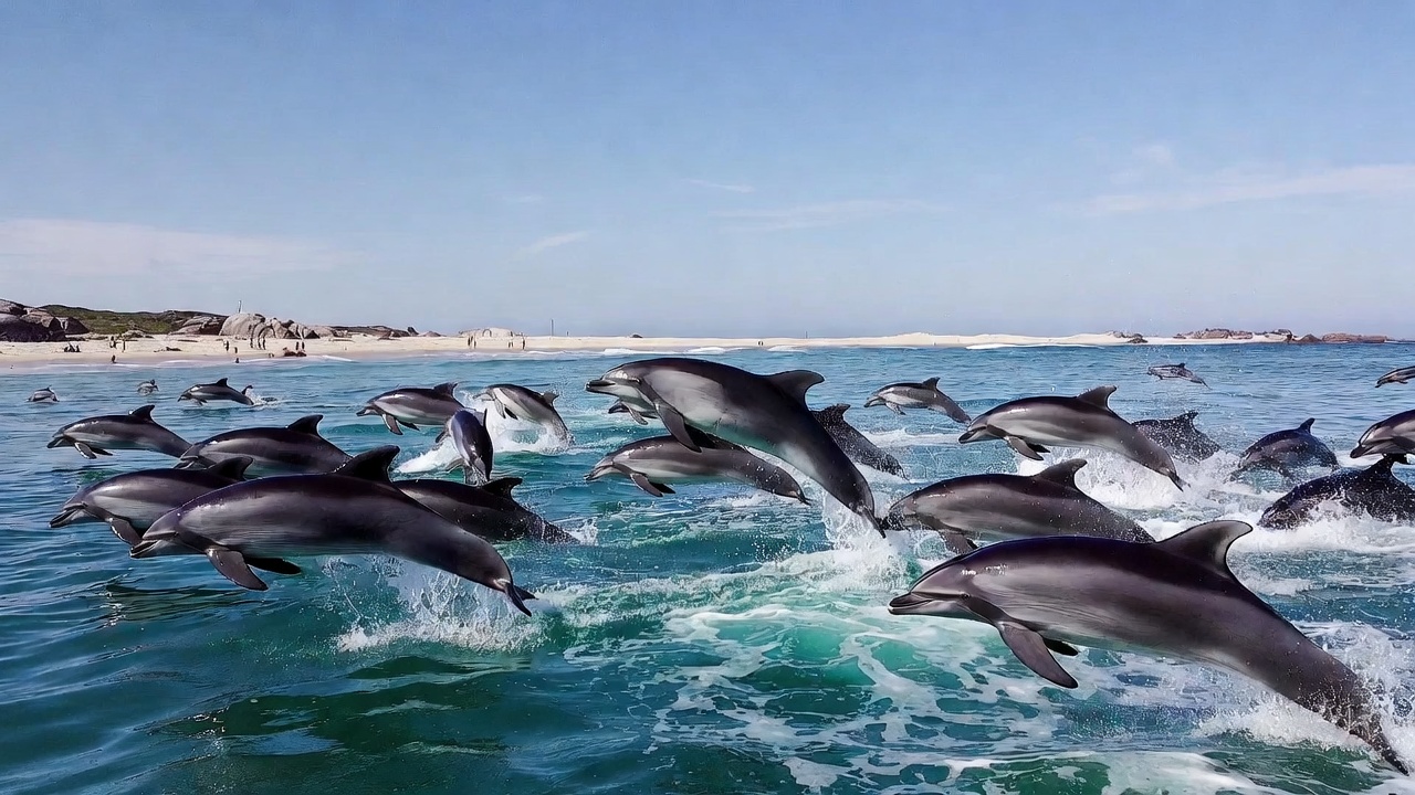 里约海岸惊现海豚群表演